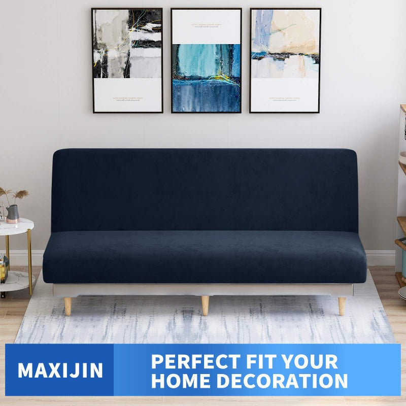 MAXIJIN Velvet Futon Cover Full Size Stretch Futon Mattress Cover Thick Soft Armless Sofa Bed Slipcover Plush Couch Furniture Protector with Elastic Bottom, Machine Washable (Navy Blue) - Image 2